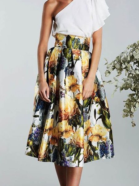 

Regular Fit Floral Short A Line Skirt, Multicolor, Midi Skirts
