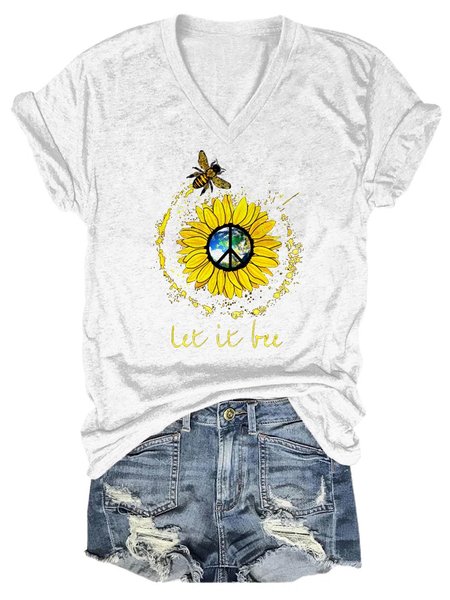 

Let It Bee Peace Sunflower Women's Short Sleeve T-Shirt, White, T-shirts