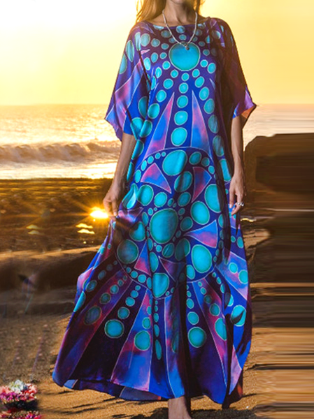 

Gradient Polka Dot Geometric Print Resort Beach Robe Cover-Up Dress Casual Short Sleeve Woven Dress, Blue, Dresses