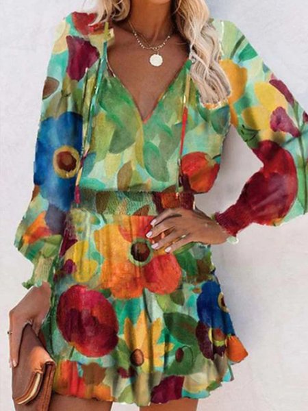 

Vacation V Neck Floral Printed Dress, Multicolor, Mini Dresses