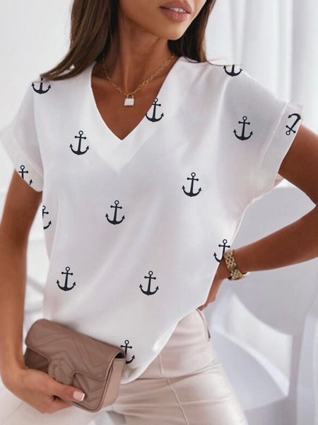 

Printed Casual Short Sleeve Tops, White, Tops