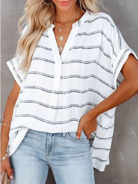 

V Neck Geometric Loosen Short Sleeve Tops, White, Shirts & Blouses