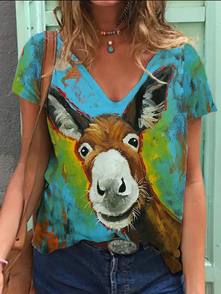 

Plus size V Neck Short Sleeve Funny Animal Printed T-Shirt, Blue, T-Shirts