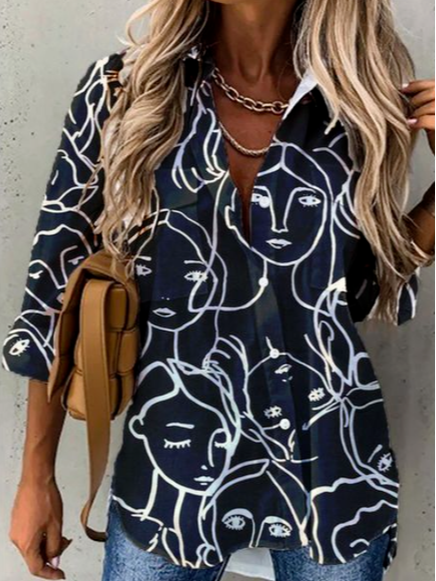 

Casual Geometric Long Sleeve Blouse, Black, Shirts & Blouses
