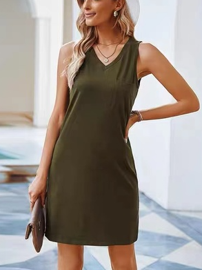 

V Neck Casual Solid Sleeveless Knitting Dresses, Army green, Mini Dresses