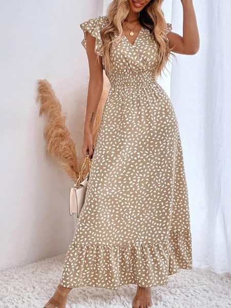 

Loosen Casual A-line V neck Polka Dots Short Sleeve Woven Dress, Light brown, Dresses