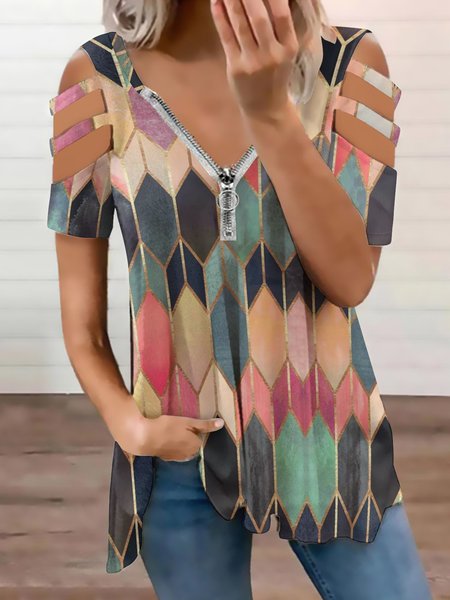 

Vintage Geometric V Neck Short Sleeve Tops, As picture, Blouses