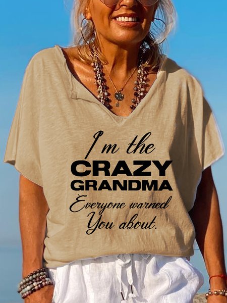 

Funny I Am The Crazy Grandma V Neck Short Sleeve Tops, Khaki, T-shirts