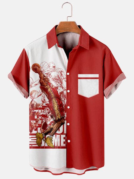 

Men's basketball print loose short sleeve Hawaiian shirt, Red, Men's Floral shirt