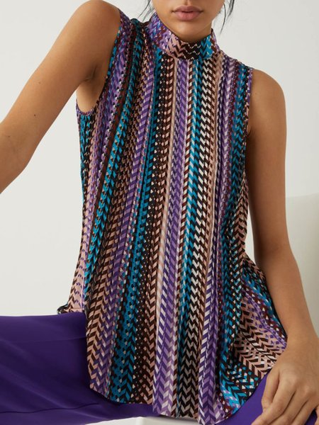 

Stand Collar Striped Simple Sleeveless Top, Multicolor, Tunics