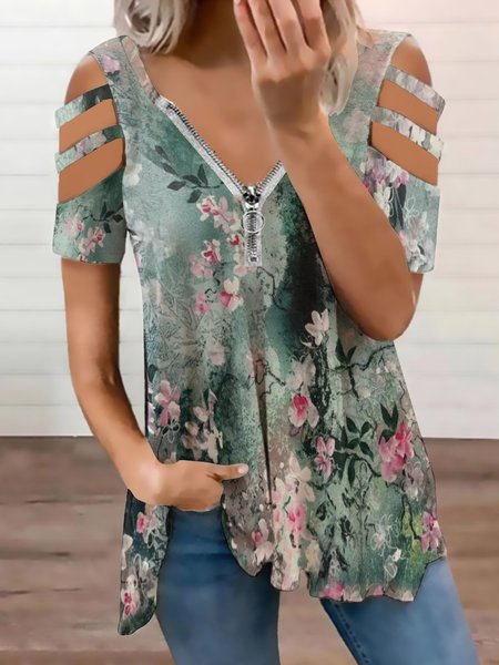 

Casual Abstract Floral Print V-Neck Short Sleeve Top, As picture, Blouses