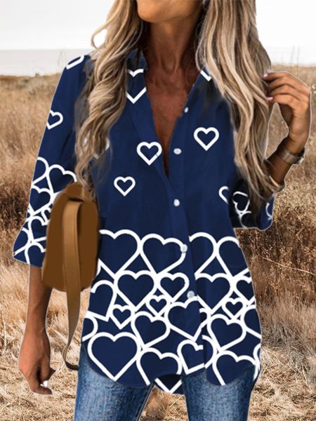 

Heart Loosen Shirt Collar Long Sleeve Blouse, Blue, Shirts & Blouses