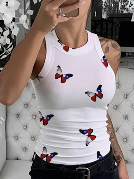 

Casual Butterfly Skinny Sleeveless Tank, White, Tunics