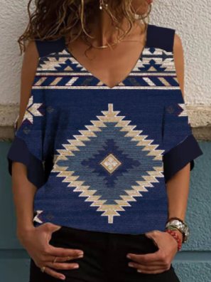 

Ethnic Pattern Print Drop-Shoulder Casual Vintage Top Tribal Short Sleeve Tops, Blue, Shirts & Blouses