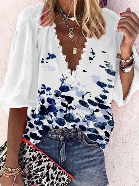 

Floral 3/4 Sleeve V Neck Plus Size Casual Tops, White, Tops