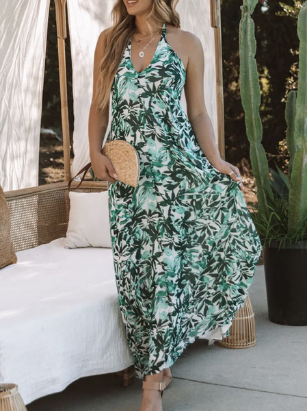 

Foliage Print V-Neck Strap Loose Dress Beach Dress Casual Loosen Short Sleeve Woven Dress, Green, Maxi Dresses