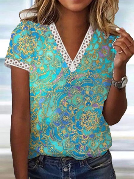 

Vacation Tribal V Neck Lace Short Sleeve T-Shirt, Green, T-Shirts