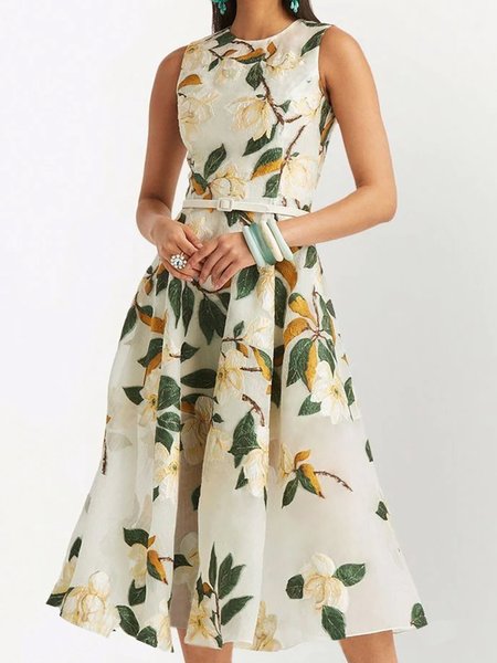 

Crew Neck Floral Regular Fit Sleeveless Woven Dress, White, Midi Dresses