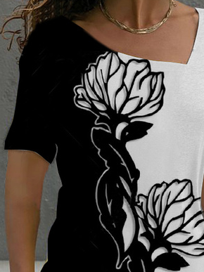 

V Neck Floral Casual Short Sleeve T-Shirt, Multicolor, T-Shirts