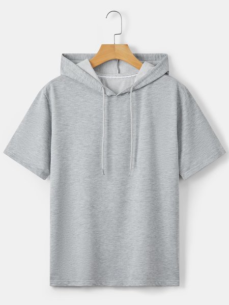 

Loosen Plain Hooded Short Sleeve T-Shirt, Light gray, T-shirts