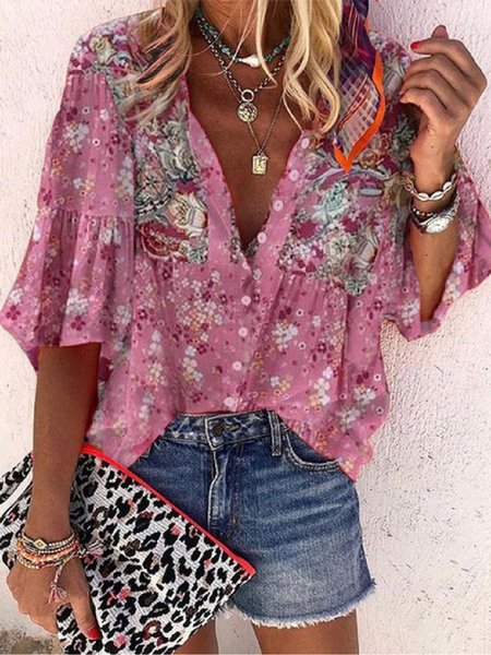 

Casual Floral V neck Mid Sleeve Loosen Blouse, Pink, Blouses & Shirts