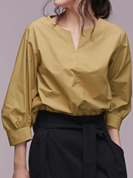 

Summer Lightweight Casual V Neck Mid Sleeve Daily Blouse, Khaki, Blouses and Shirts