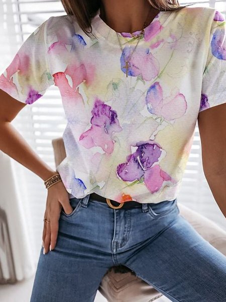 

Floral Casual Loosen Round Neck Short Sleeve T-Shirt, Flower, T-Shirts