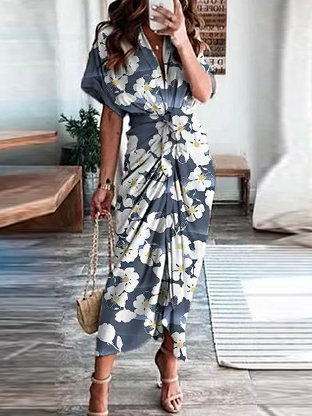 

Ombre Floral Print Resort Dress V Neck Casual Short Sleeve Woven Dress, Deep gray, Dresses