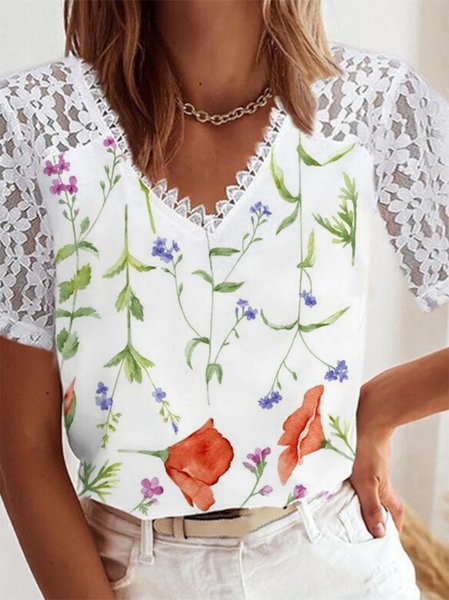 

Guipure Floral Printed Short Sleeve Tops, White, Tees & T-shirts