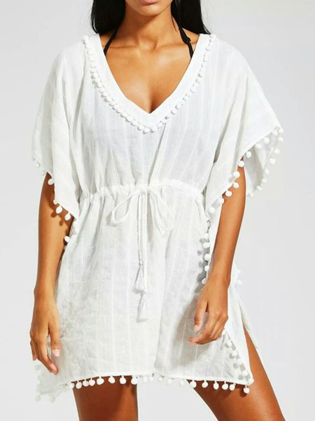 

Loosen Vacation Solid Short Sleeve Woven Dress, White, Mini Dresses