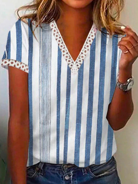 

Lace Casual Striped V Neck Short Sleeve T-Shirt, Blue, T-Shirts