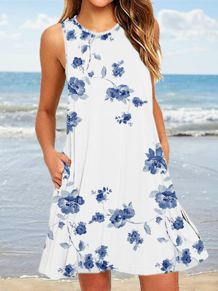 

Vacation Floral Sleeveless Knitting Dresses, White, Mini Dresses