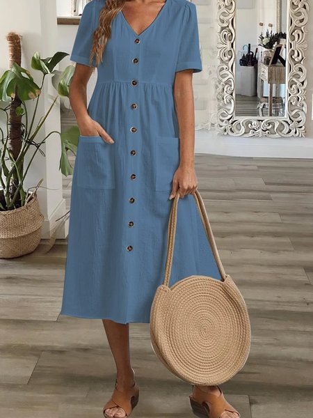 

Beach Resort plain color patterned cotton hemp nail button pocket dress long Plus Size, Blue, Dresses