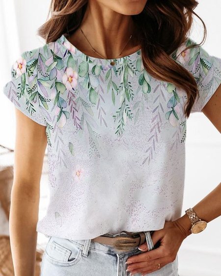 

Floral Printed Short Sleeve T-Shirt, Green, T-Shirts