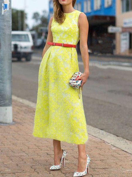 

Regular Fit Elegant Sleeveless Woven Midi Dress, Yellow, Maxi Dresses