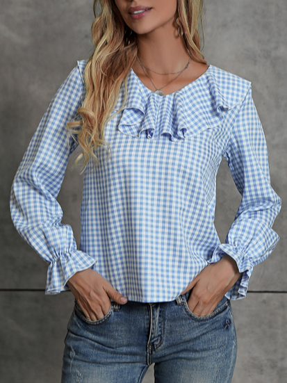 

Loosen Checked/Plaid Casual Long Sleeve Tops, Blue, Shirts & Blouses
