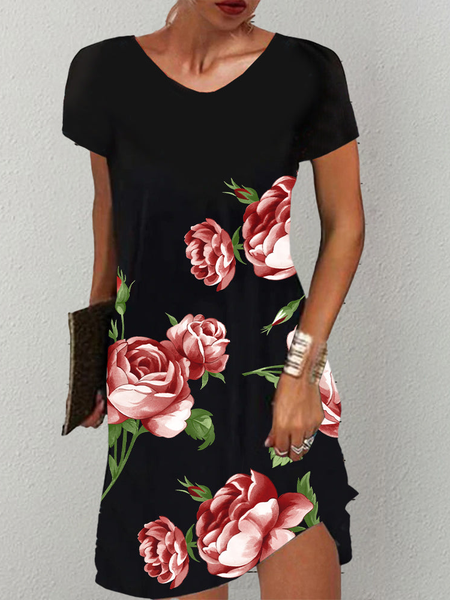 

Vacation Regular Fit V Neck Short Sleeve Knit Dress, Black, Dresses