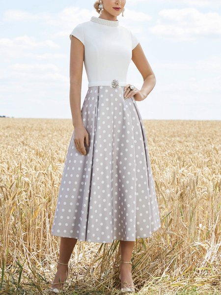 

Polka Dots Regular Fit Elegant Cap Sleeve Midi Dress, White, Midi Dresses