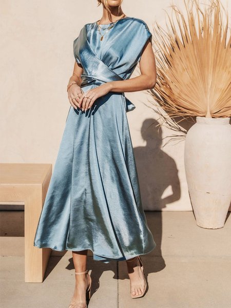 

Elegant Solid Loosen Short Sleeve Woven Dress, Blue, Maxi Dresses
