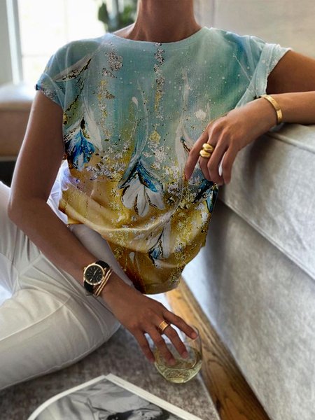 

Casual Crew Neck Short Sleeve Printed T-Shirt, Blue, Tees