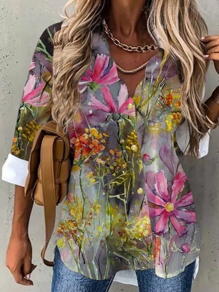 

Casual Floral Long Sleeve Plus Size Printed Blouses, Multicolor, Blouses & Shirts