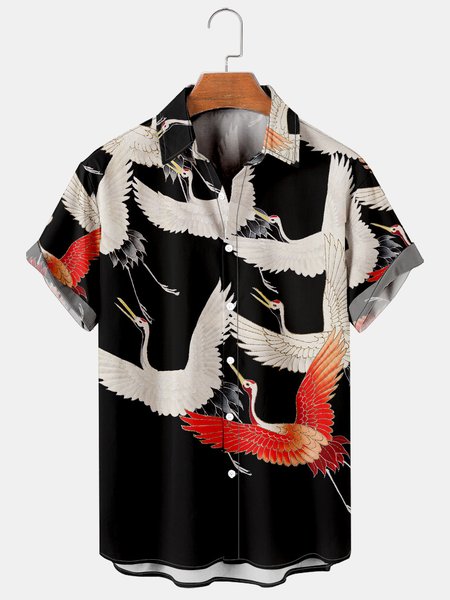 

Men's Ukiyo-e Art Print Casual Breathable Short Sleeve Shirt, Black, Men's Floral shirt
