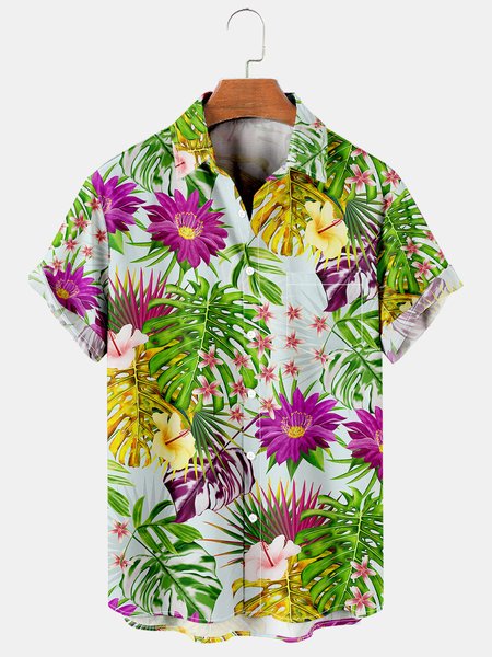 

Tropical Plant Graphic Men's Hawaiian Casual Short Sleeve Shirt, Green, Men's Floral shirt