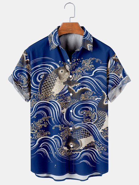 

Men's Ukiyo-e Art Print Casual Breathable Short Sleeve Shirt, Navyblue, Men's Floral shirt