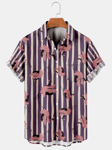 

Japanese Crane Graphic Men's Casual Hawaiian Short Sleeve Shirt, Purple, Men's Floral shirt