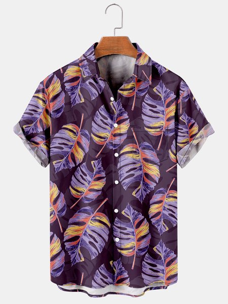 

Tropical Plant Graphic Men's Hawaiian Casual Short Sleeve Shirt, Purple, Men's Floral shirt