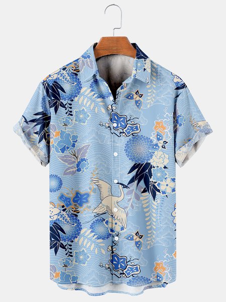 

Japanese Crane Graphic Men's Casual Hawaiian Short Sleeve Shirt, Blue, Men's Floral shirt