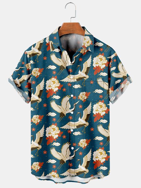 

Crane Graphic Men's Casual Hawaiian Short Sleeve Shirt, Blue, Men's Floral shirt