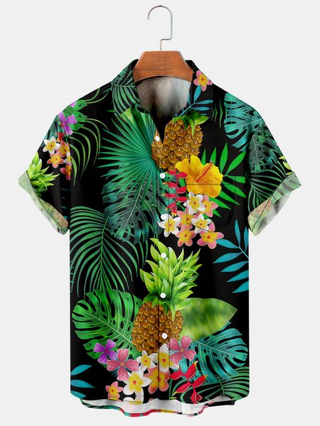 

Tropical Leaves Graphic Men's Hawaiian Casual Short Sleeve Shirt, Black, Men's Floral shirt