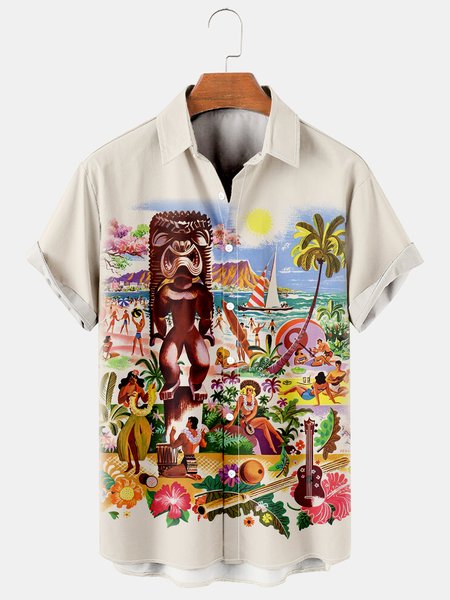 

Men's Hula Beauty Print Casual Breathable Hawaiian Short Sleeve Shirt, Apricot, Men's Floral shirt